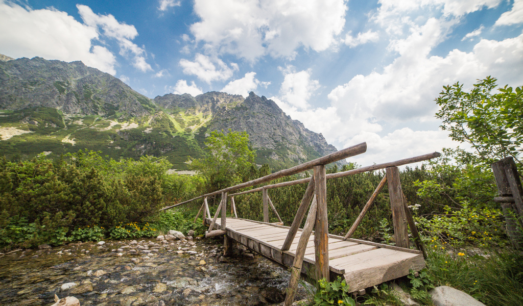 Старый деревянный мост через речку на фоне гор