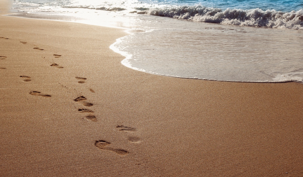 Следы ног на мокром морском песке 