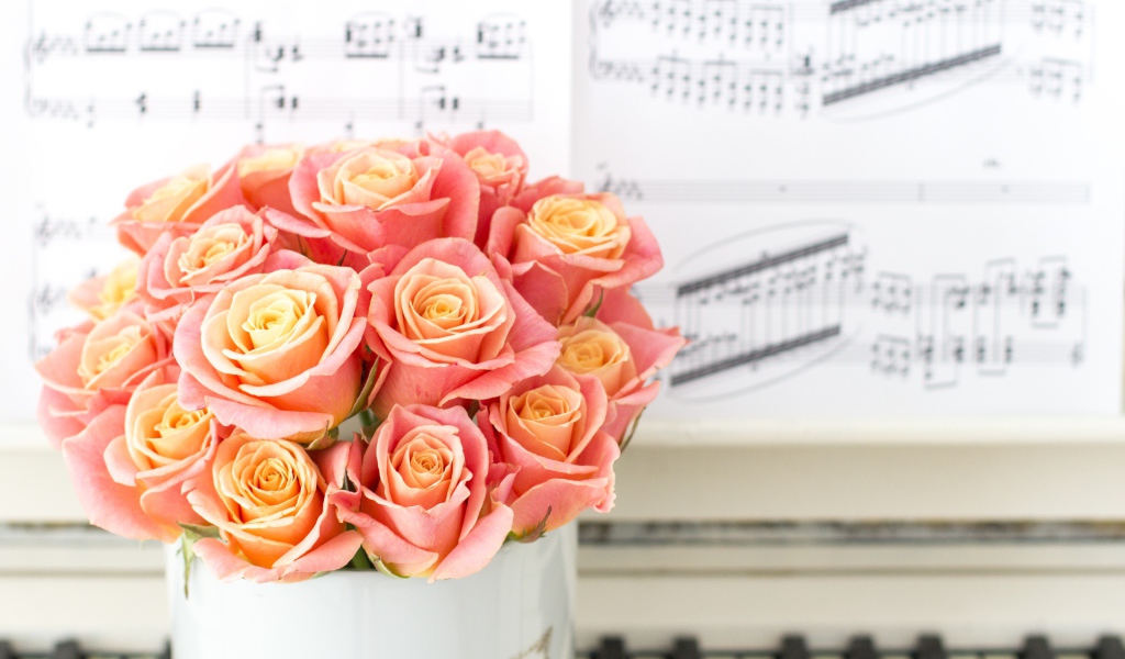 Красивый букет розовых роз стоит на пианино 