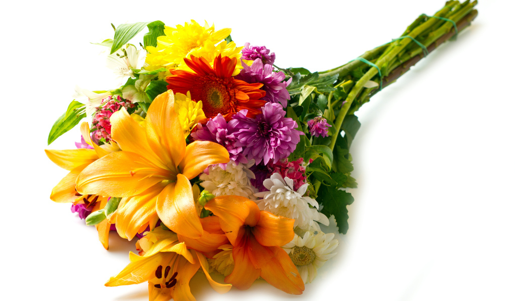 Букет из цветов лилии,герберы и хризантемы на белом фоне