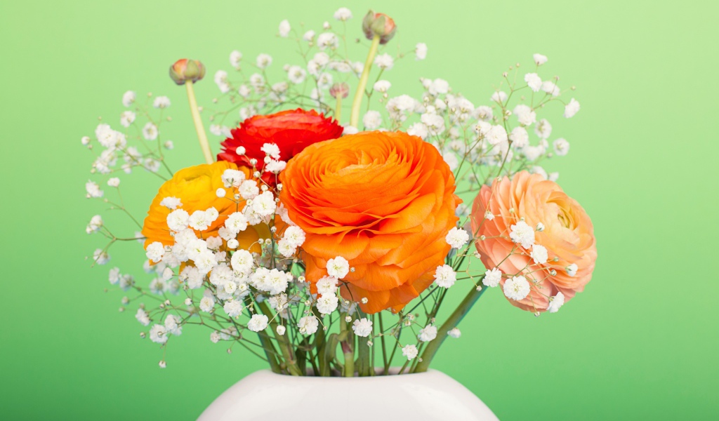 Букет разноцветных лютиков в белыми цветами в вазе на зеленом фоне