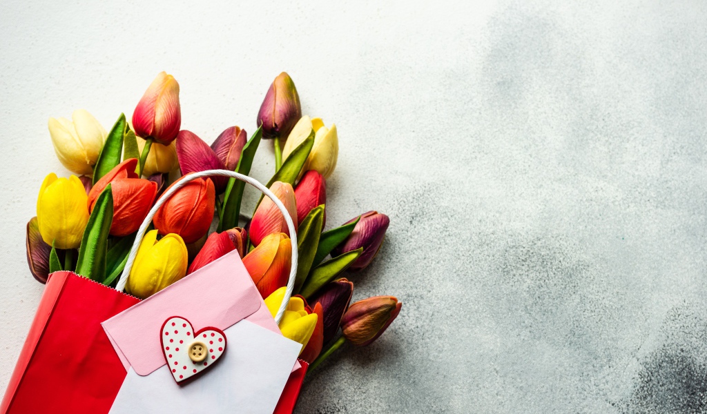 Букет разноцветных тюльпанов с письмом на сером фоне