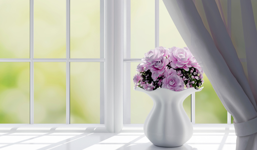 Букет розовых роз в белой вазе на окне