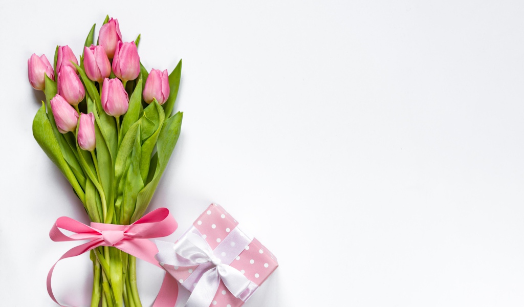 Букет розовых тюльпанов с бантом на белом фоне с подарком