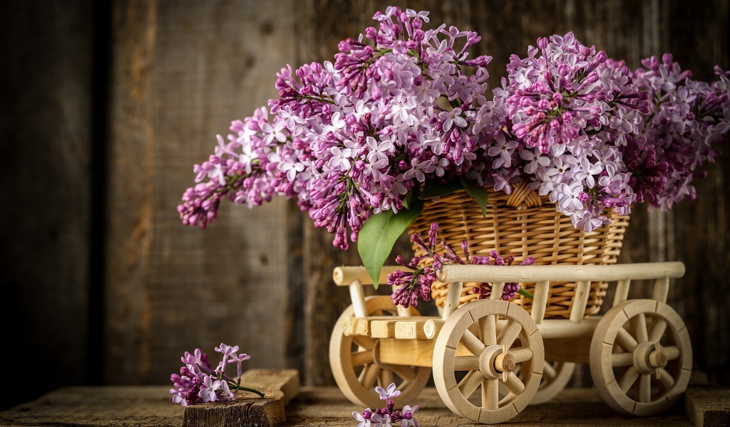 Букет весенней сирени в плетеной корзине