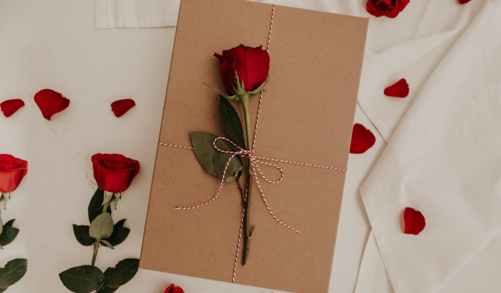 Красная роза с подарком на кровати для любимой 