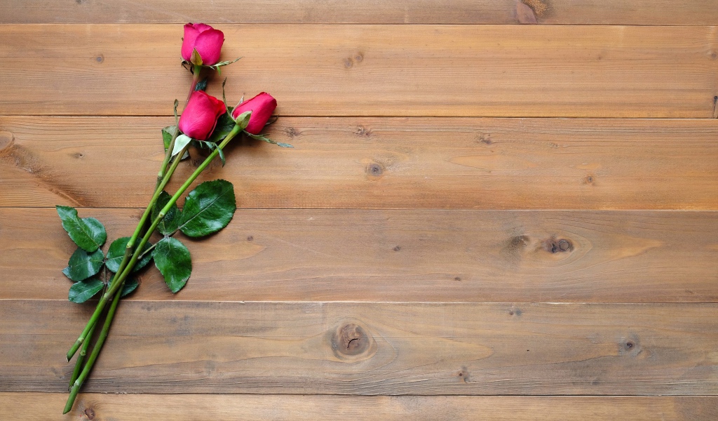 Три красные розы лежат на деревянном столе 