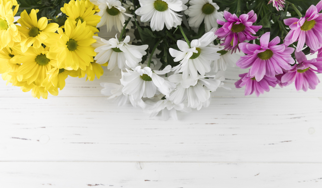 Желтые, белые и розовые хризантемы на белом деревянном столе
