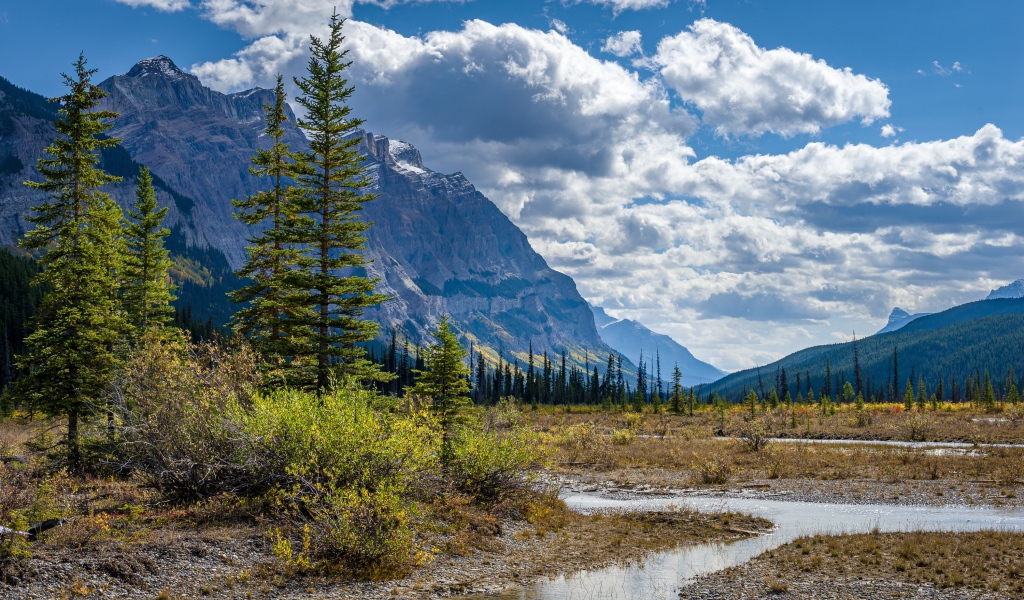 Красивый горный пейзаж под густыми белыми облаками в голубом небе