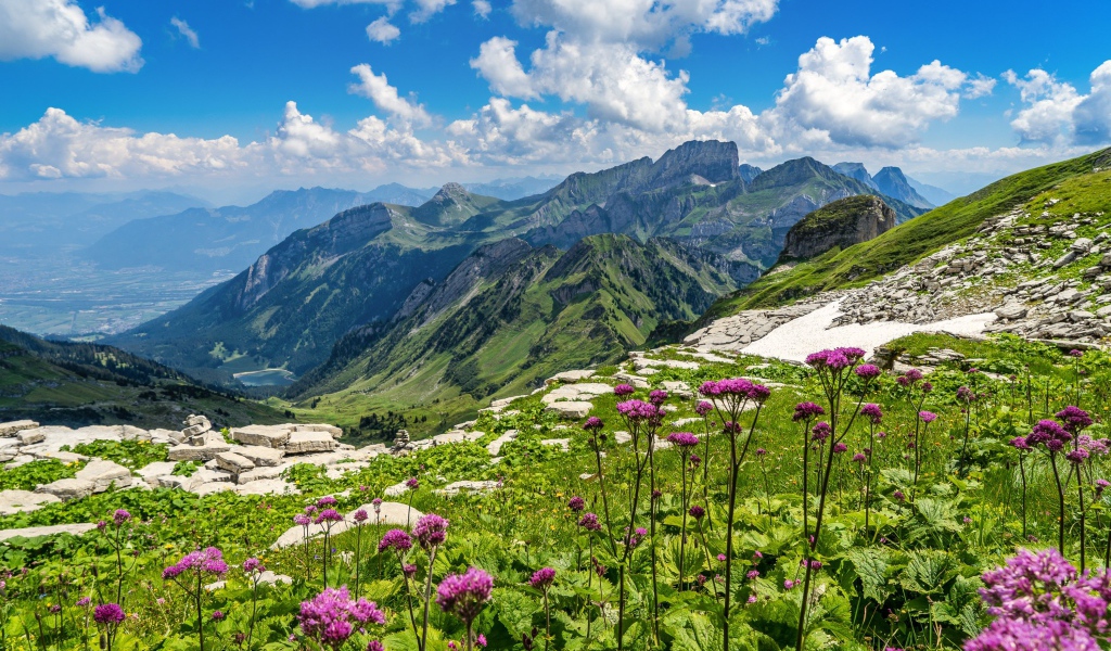 Красивая живописная природа у гор под голубым небом с белыми облаками