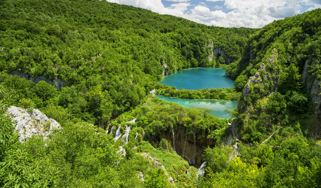 Голубая вода в озере у покрытых деревьями гор 