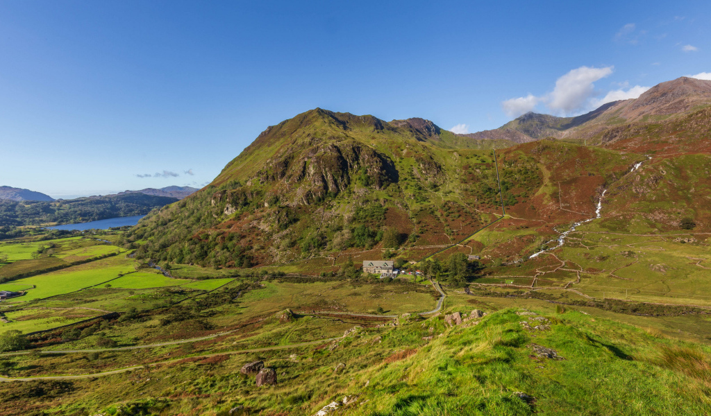 Вид на покрытую зеленью гору под голубым небом