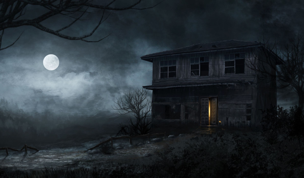 Старый заброшенный дом ночью при свете луны