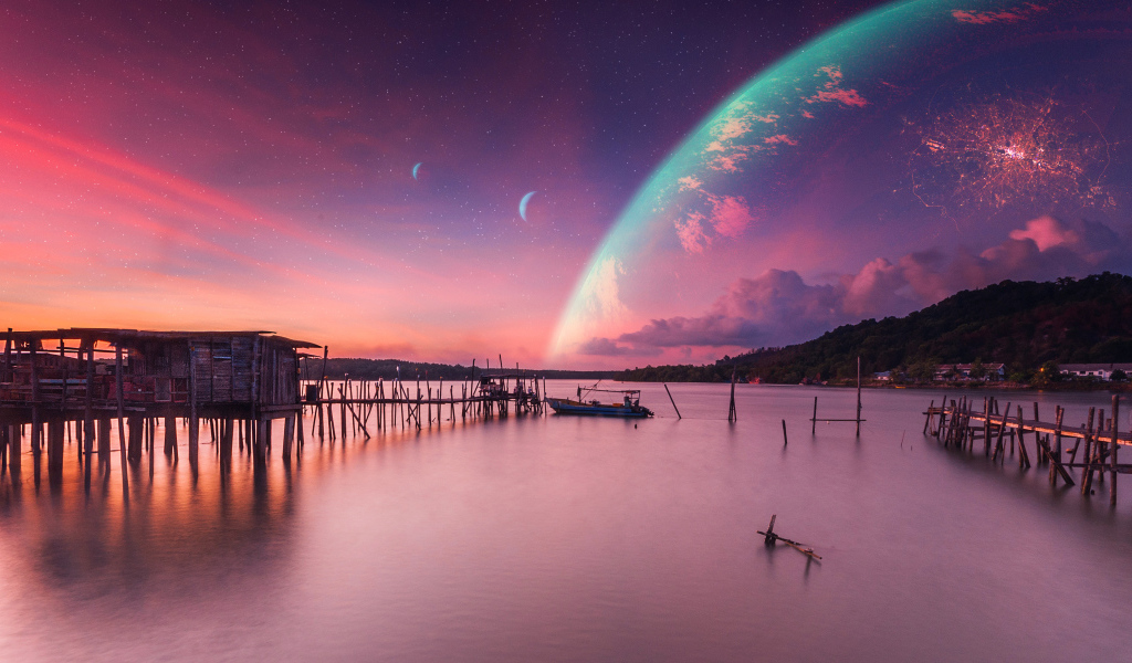 Большая планета в небе над тихим озером