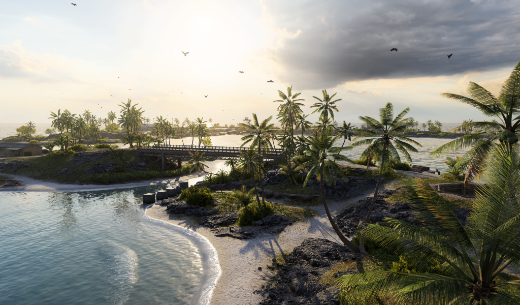 Зеленые пальмы на тропическом пляже в океане