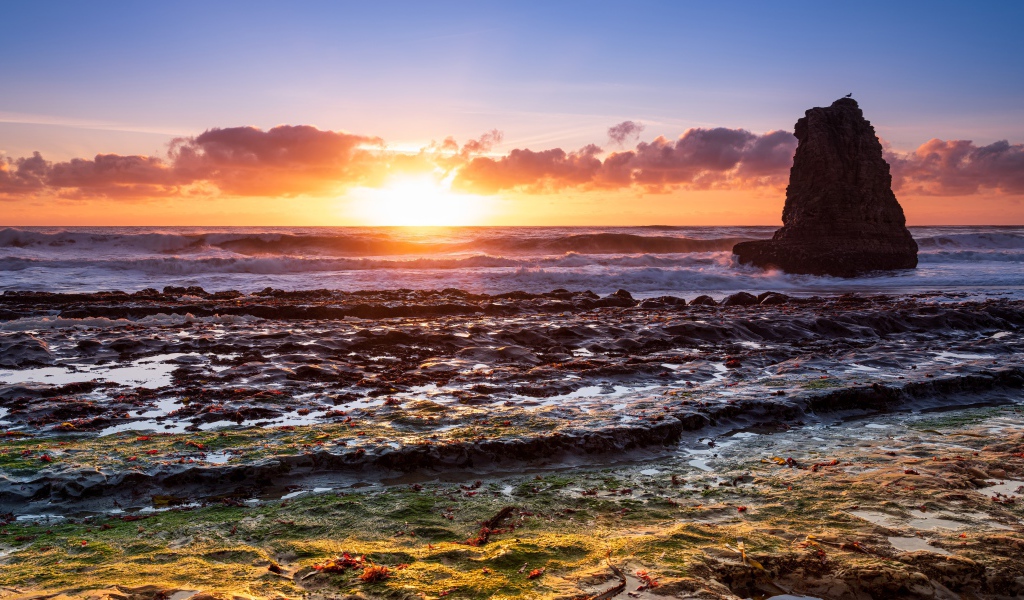 Большой камень в морской воде на рассвете 