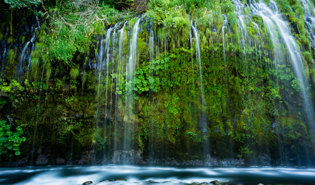 Красивый водопад стекает по покрытом зеленью утесе 