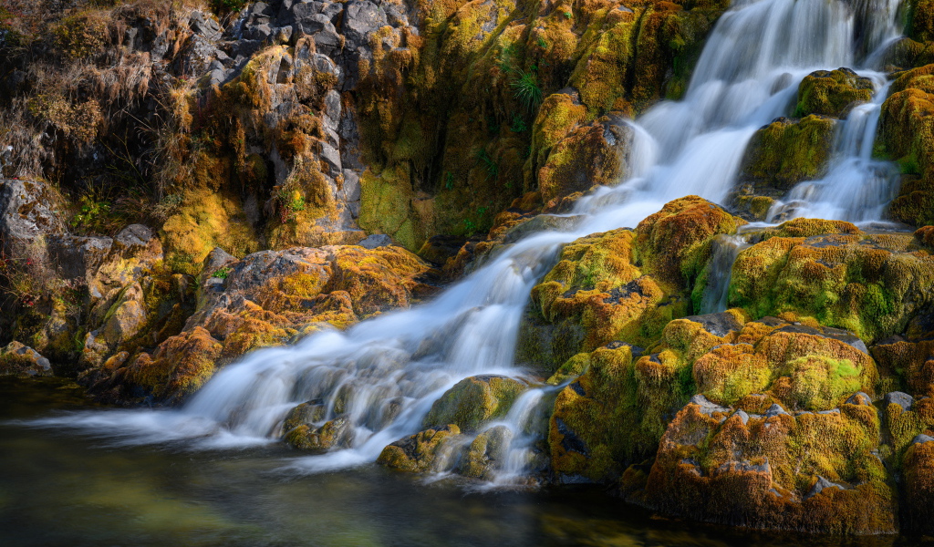 Быстрая вода водопада стекает по покрытым мхом камням, Исландия 