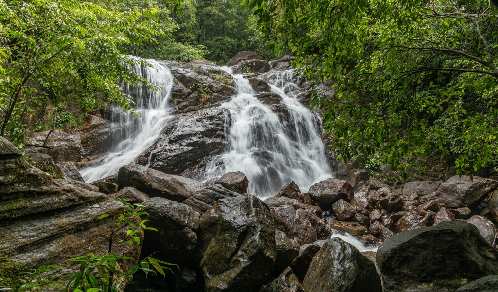 Водопад стекает по большим мокрым камням в лесу 
