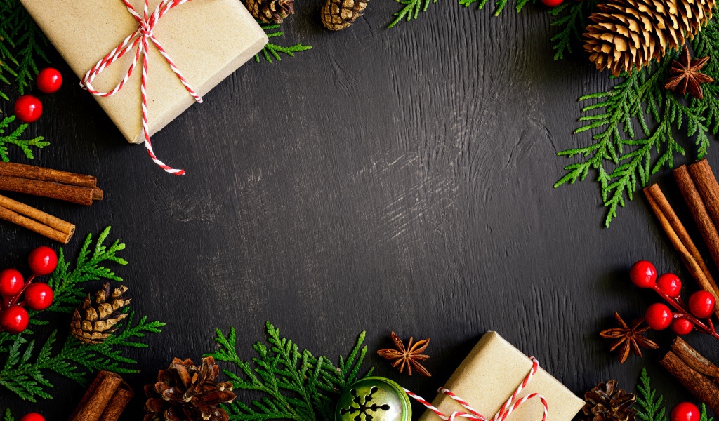 Новогодний декор на черном фоне, шаблон для новогодней открытки 