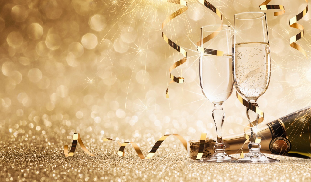 Два бокала и шампанское на новый год, фон 
