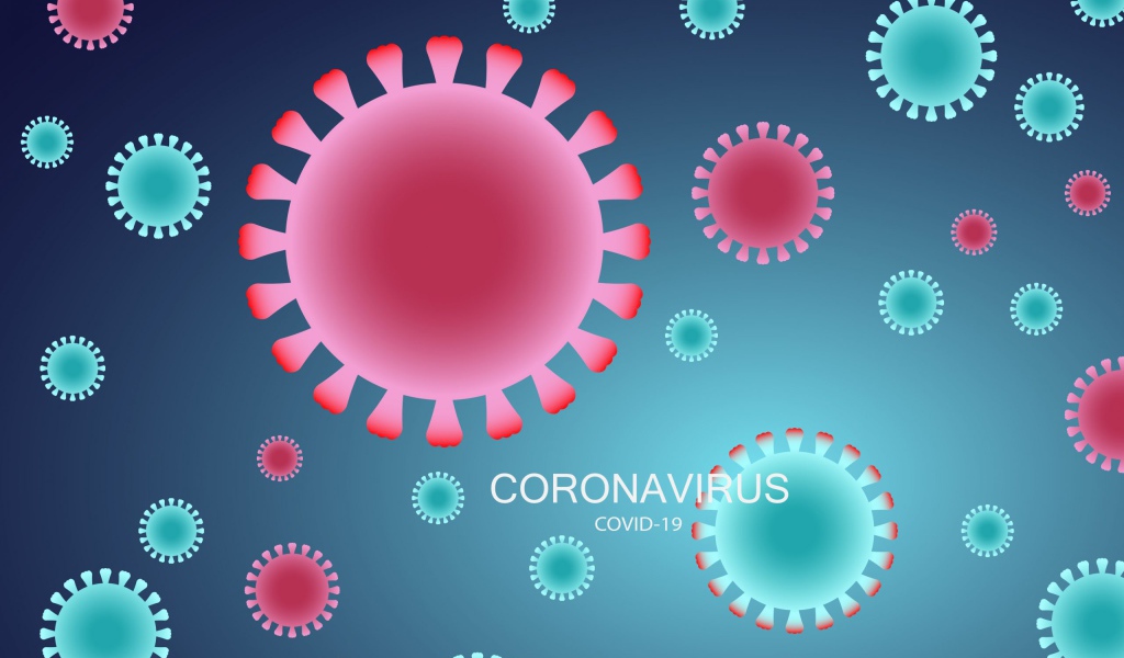 Много бактерий коронавирус covid-19 на голубом фоне