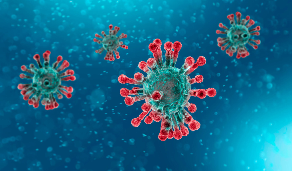 Страшные бактерии коронавируса COVID-19 на голубом фоне