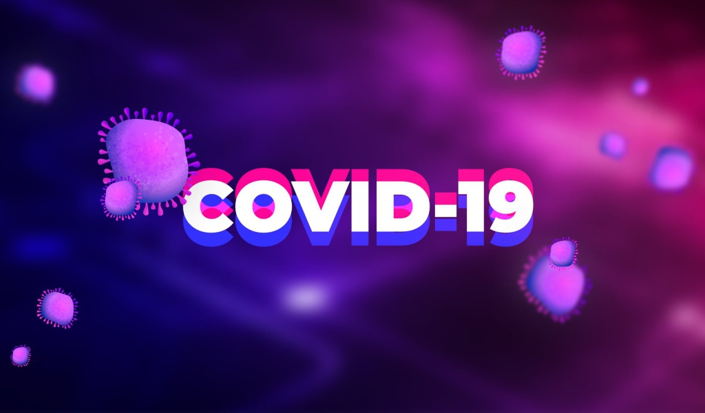 Надпись COVID-19 коронавирус на фиолетовом фоне