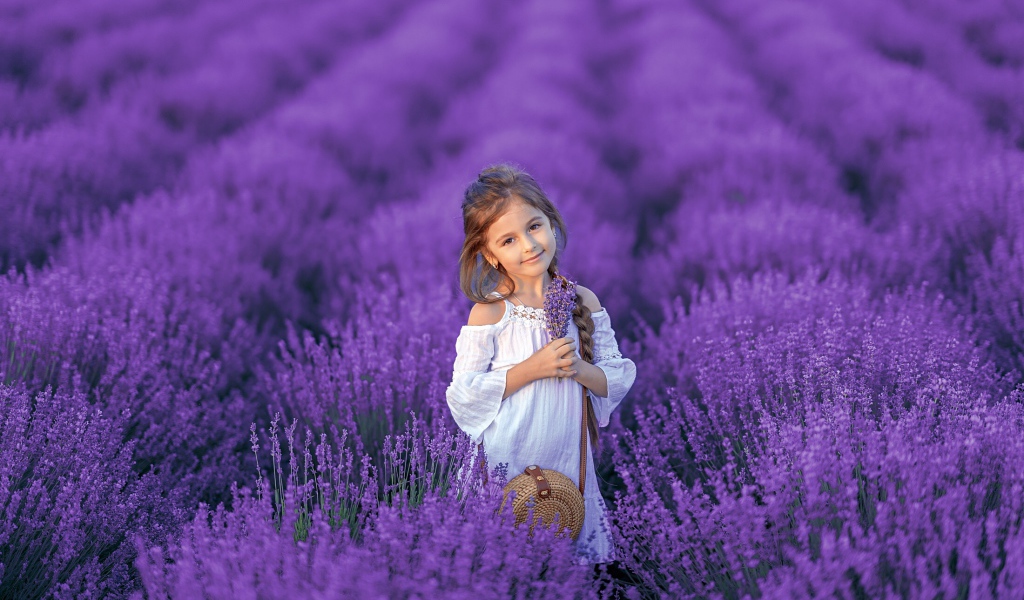 Красивая маленькая девочка на лавандовом поле 