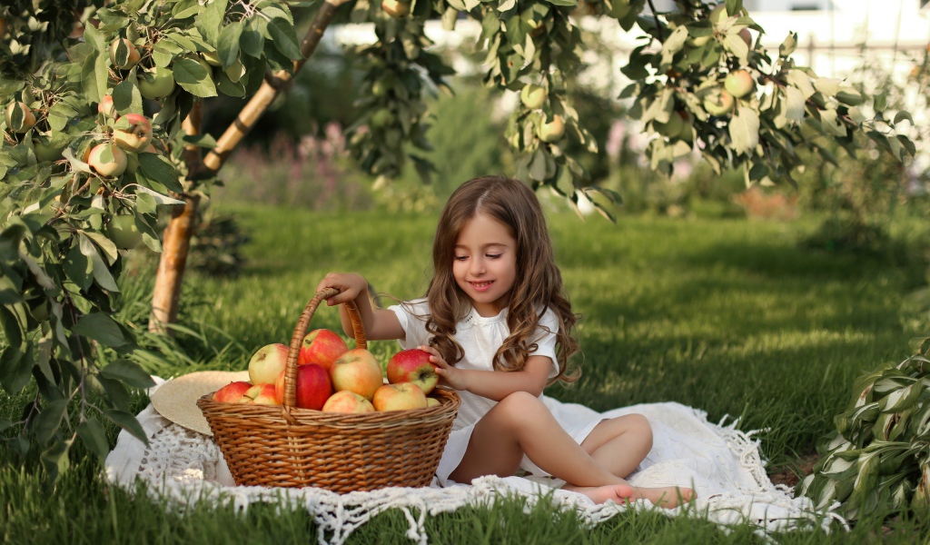 Маленькая девочка сидит с корзиной с яблоками на траве