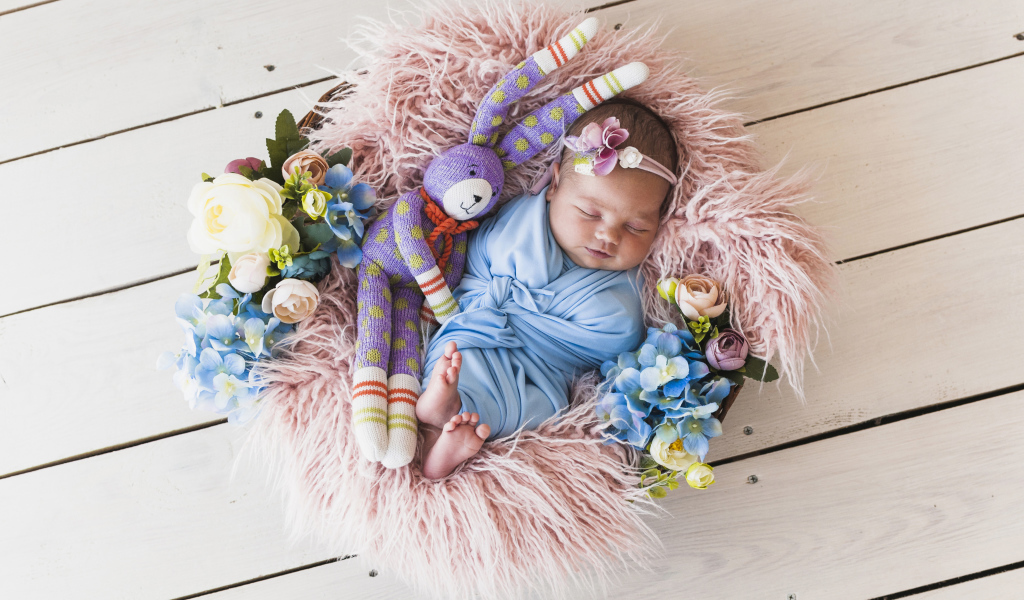 Спящий грудной ребенок с игрушкой в корзине 