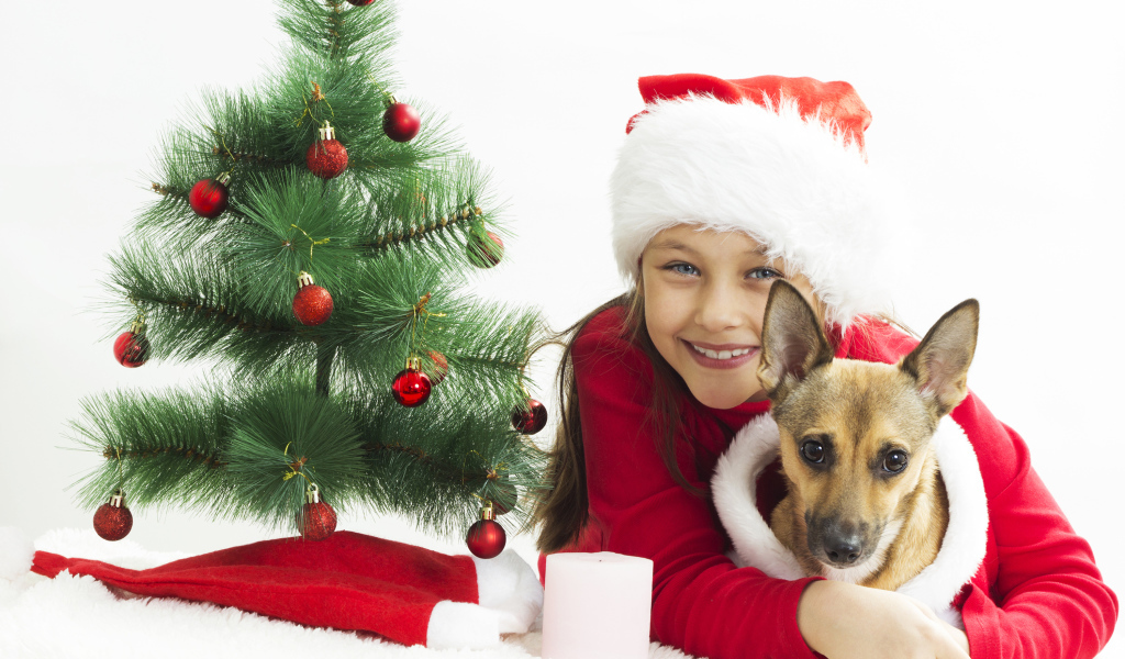 Улыбающаяся девочка с собакой у зеленой елки