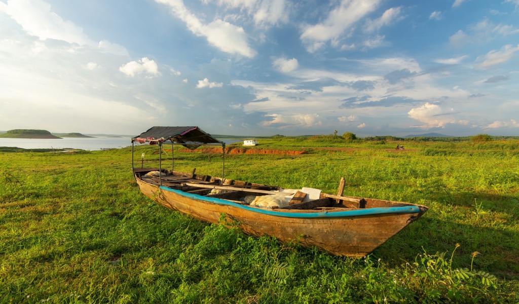 Большая деревянная лодка на зеленой траве