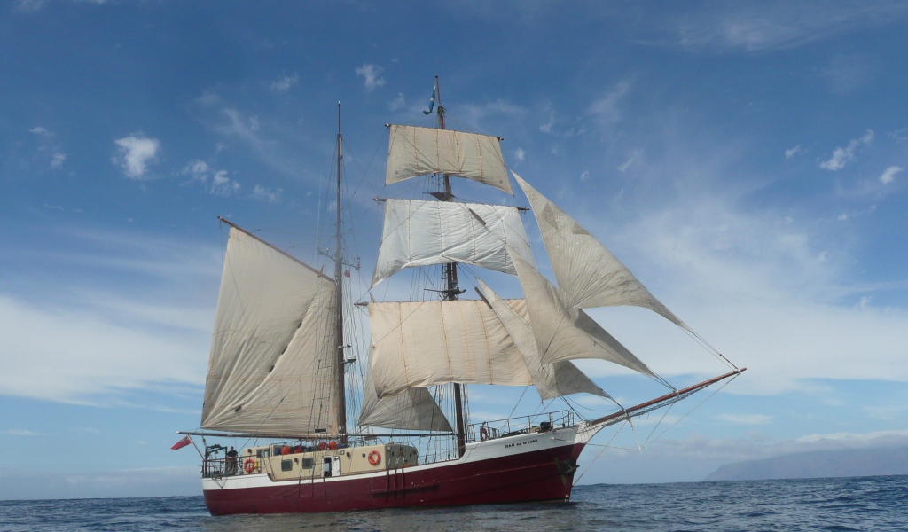 Больше судно с белыми парусами в море 