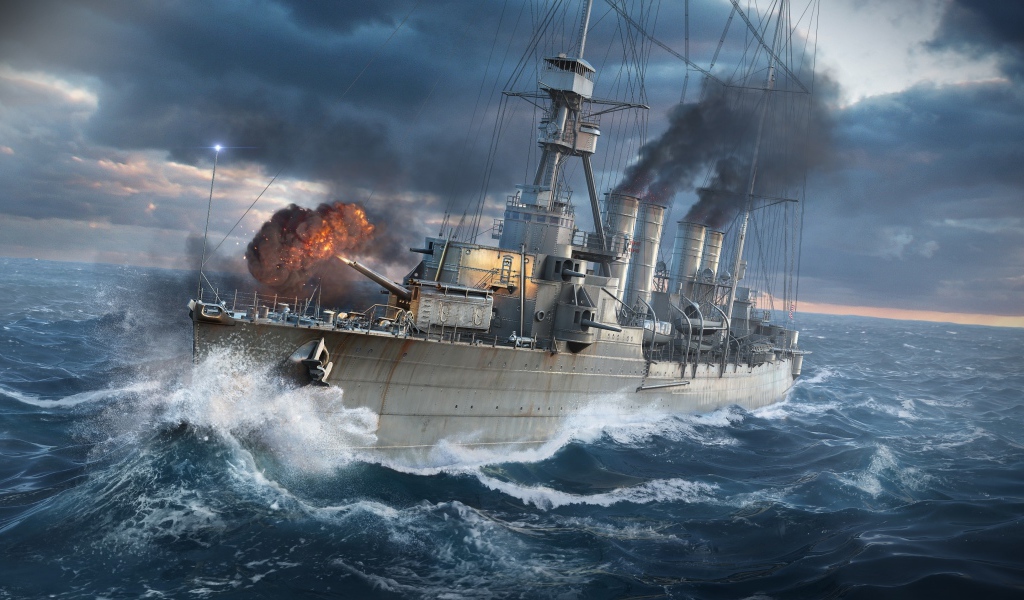 Military battleship at sea during a storm