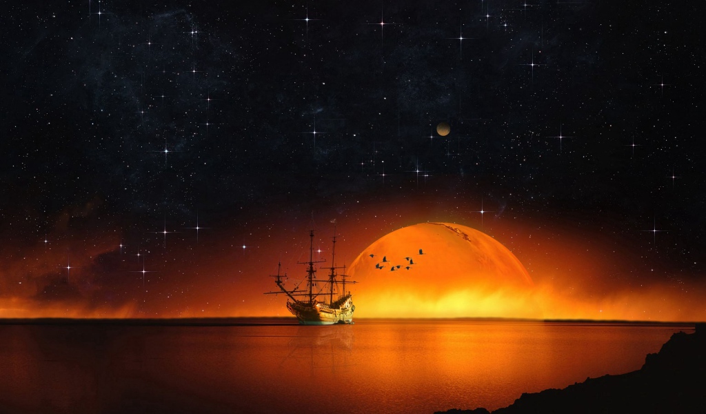 Old ship at sea with a big orange moon at night