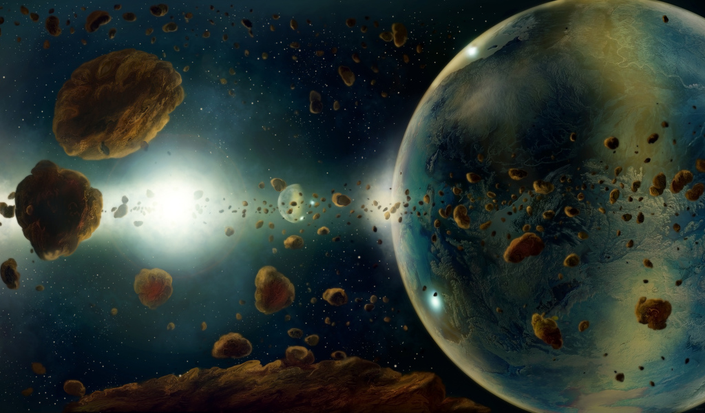 Астероиды в космосе летят к планете Земля 