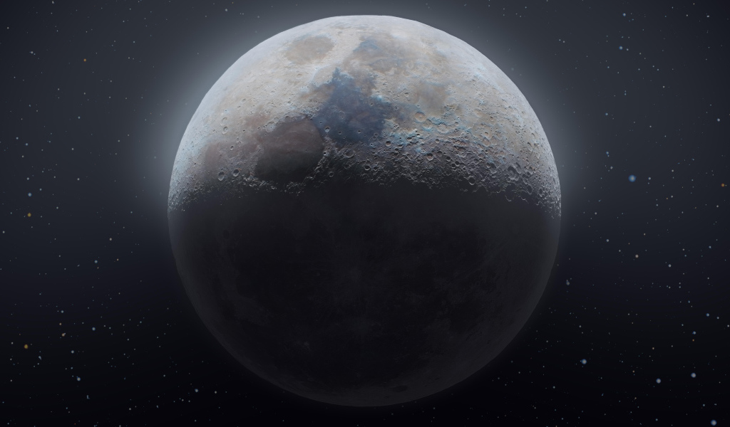 Большая холодная луна в звездном небе крупным планом