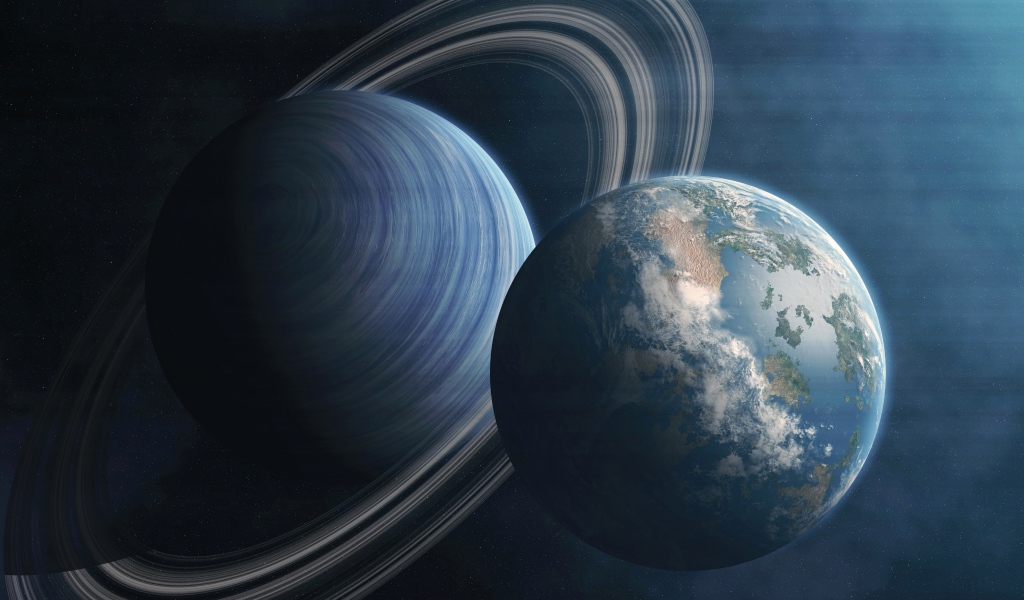 Большая планета Сатурн и планета Земля в космосе 