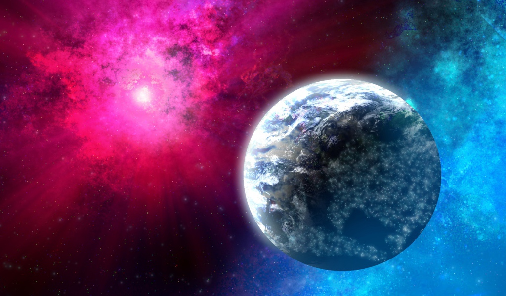 Earth planets on a pink background in space