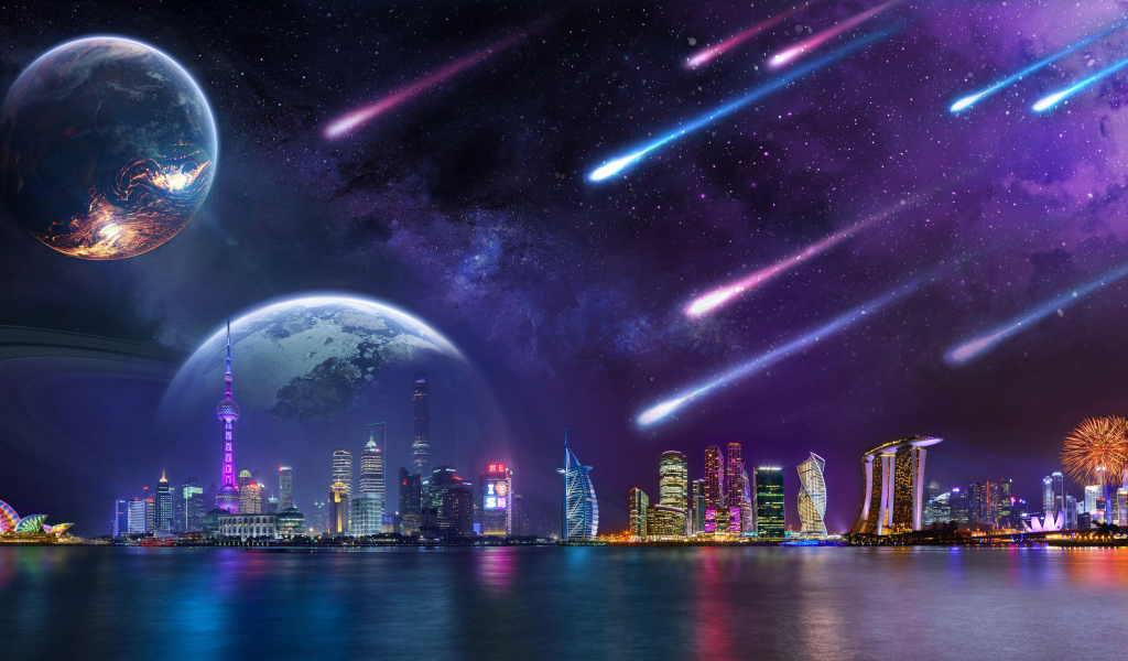 Метеориты в небе с планетами надают на мегаполис ночью