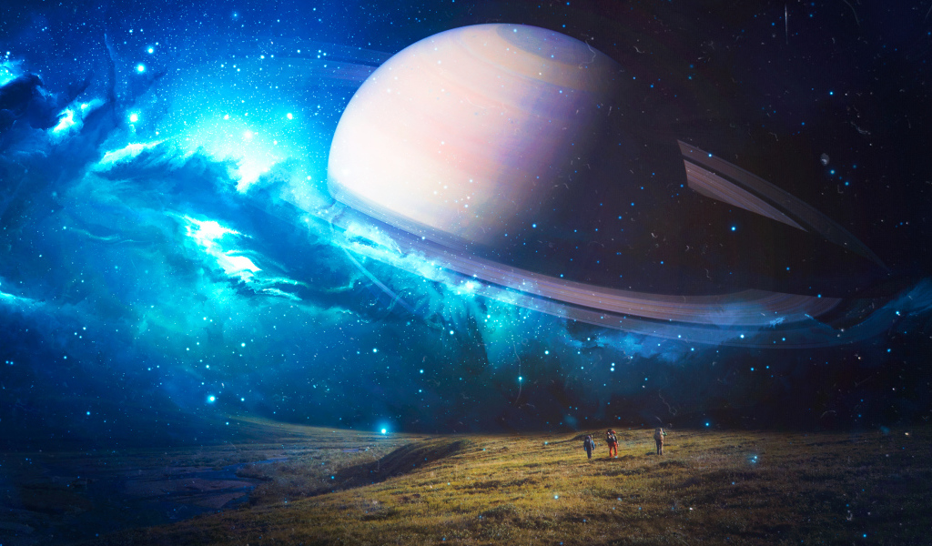 Большая планета Сатурн в неоновом небе над землей 