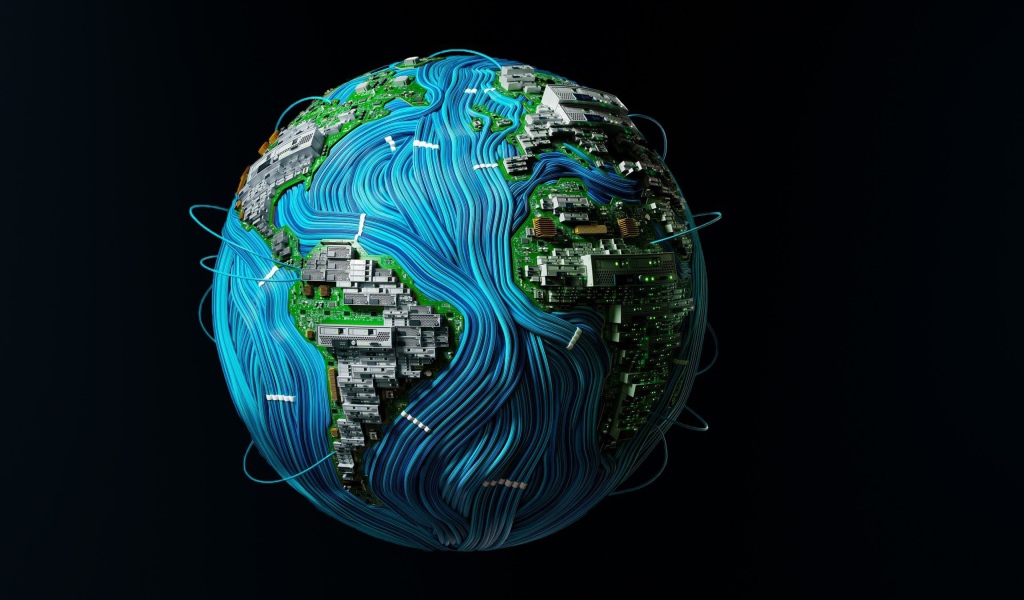 Планета земля окутана проводами на черном фоне