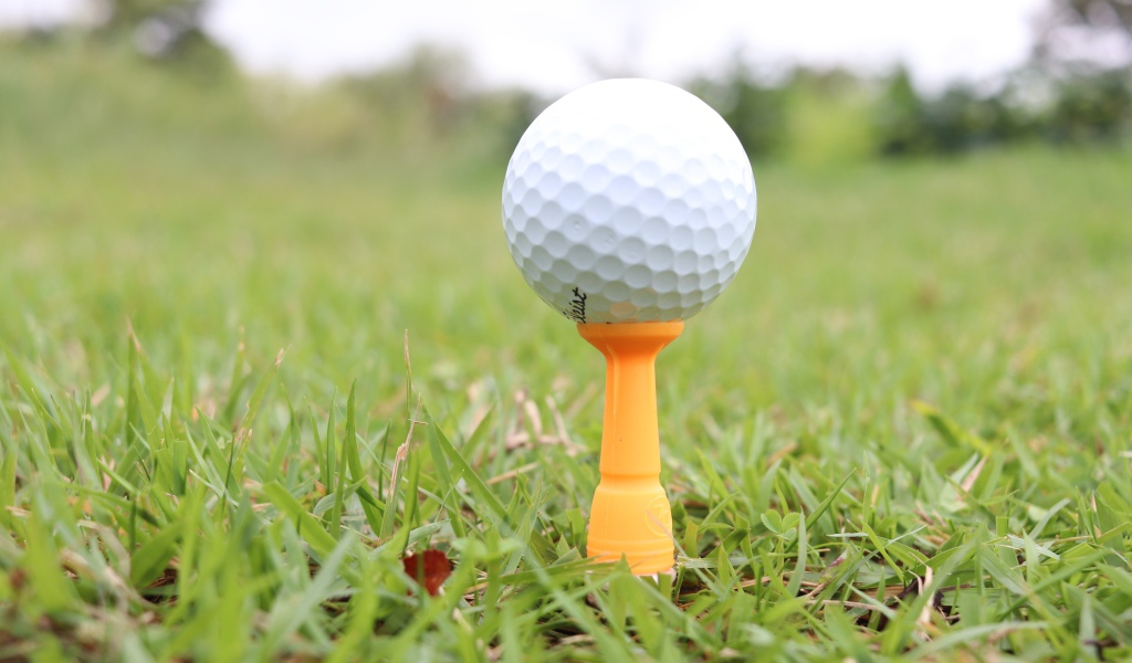 Мячик для гольфа на поле с зеленой травой 