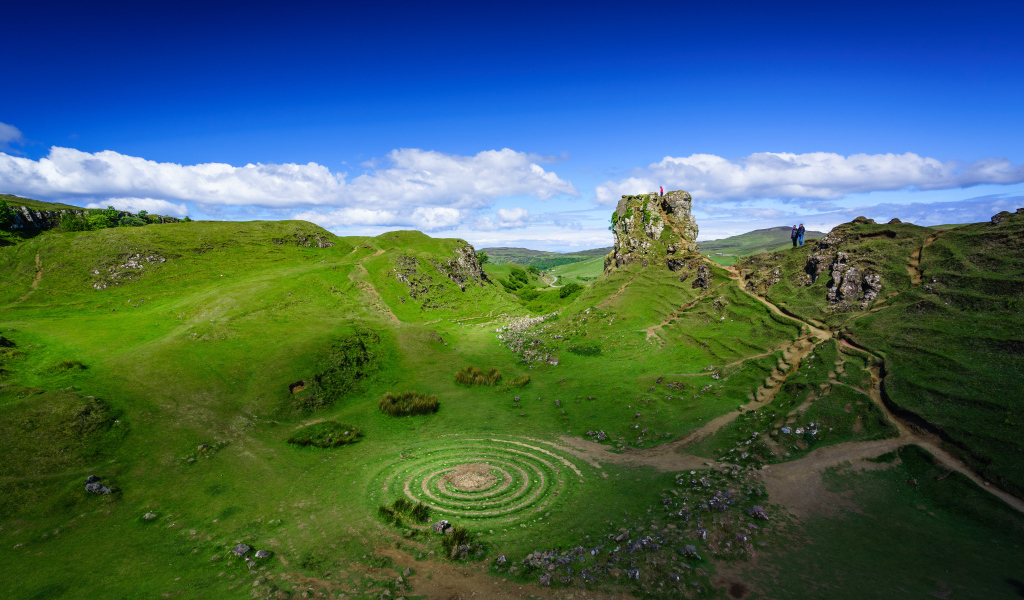Круги на зеленой траве под голубым небом, Шотландия 