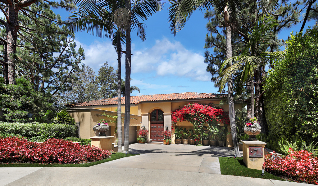 Дом на улице с цветущими кустами и пальмами