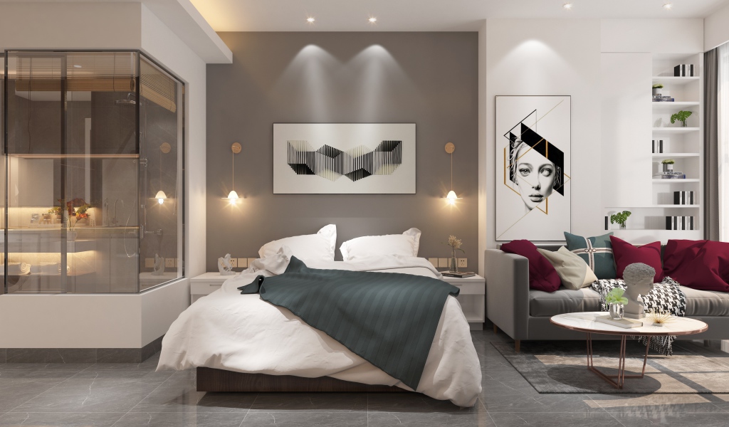 Красивая спальня с гостиной в стиле модерн