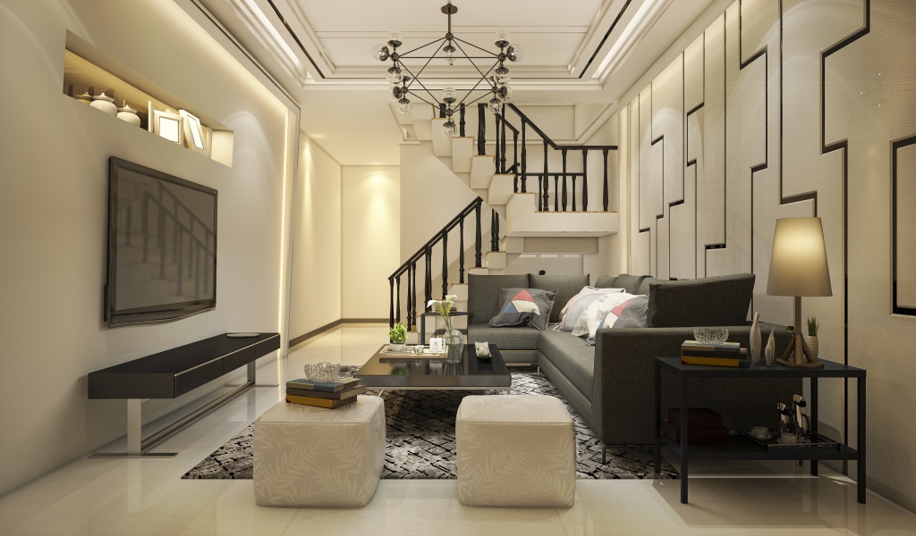 Красивая гостиная комната с большим телевизором и лестницей 