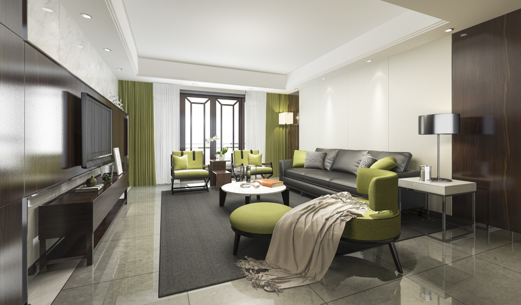 Черный кожаный диван в гостиной комнате 