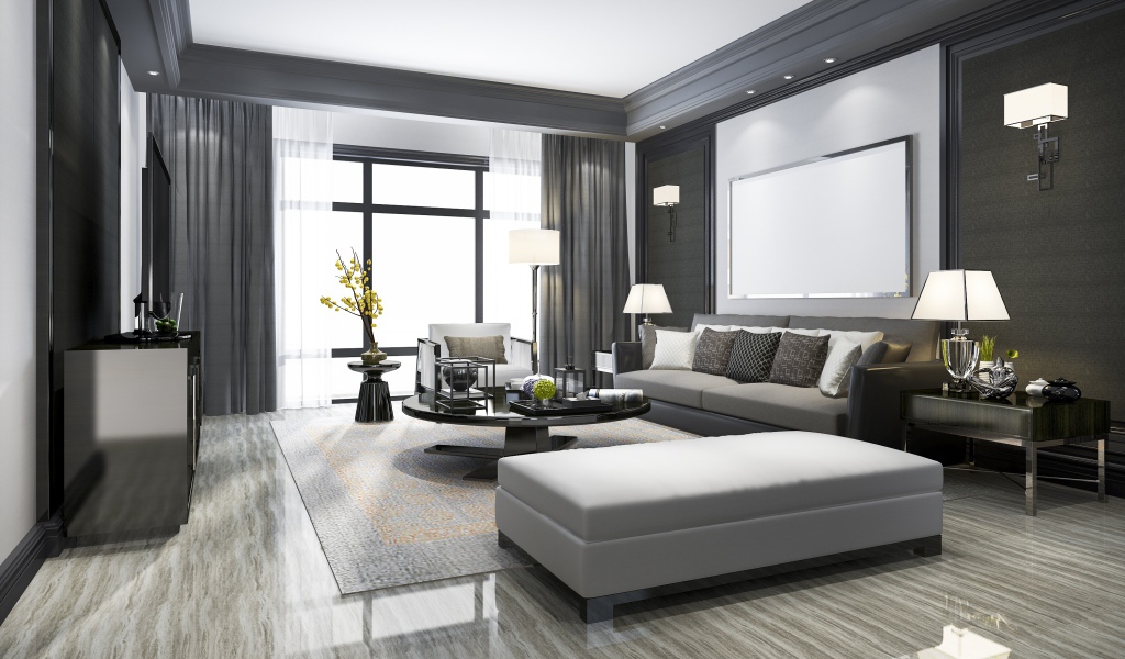 Серая мебель в гостиной  комнате с большим окном